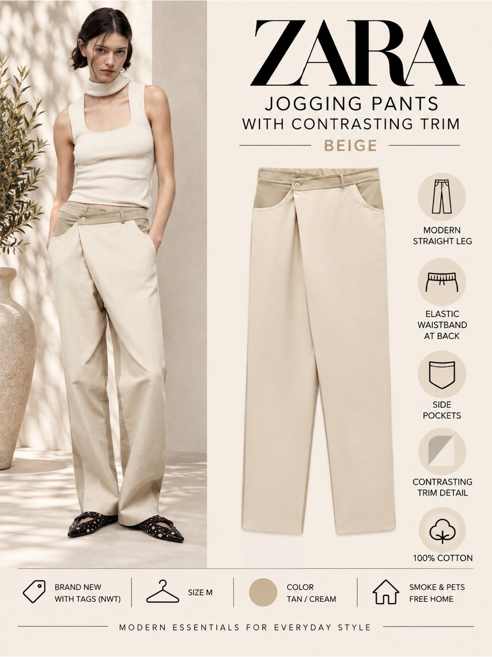 Zara Beige Jogging Pants Contrasting Trim Size M NWT 100% Cotton